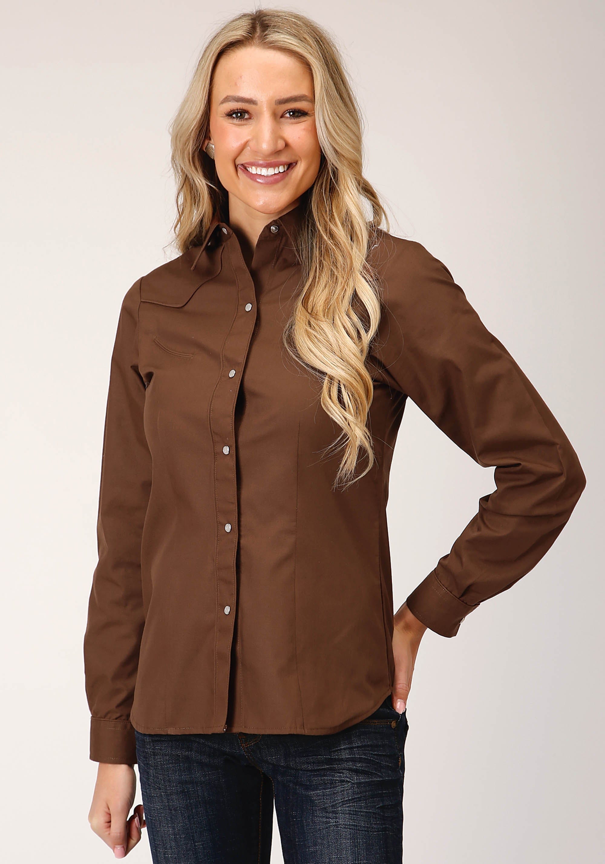 Roper Womens Long Sleeve Snap Solid Warm Browm Broadcloth Western Shirt - Roper