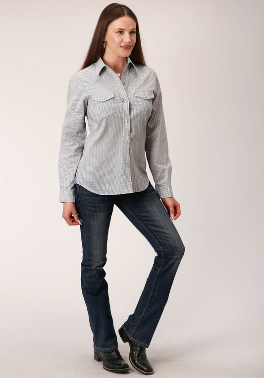 Roper Womens Long Sleeve Snap Grey And White Print Western Shirt - Roper