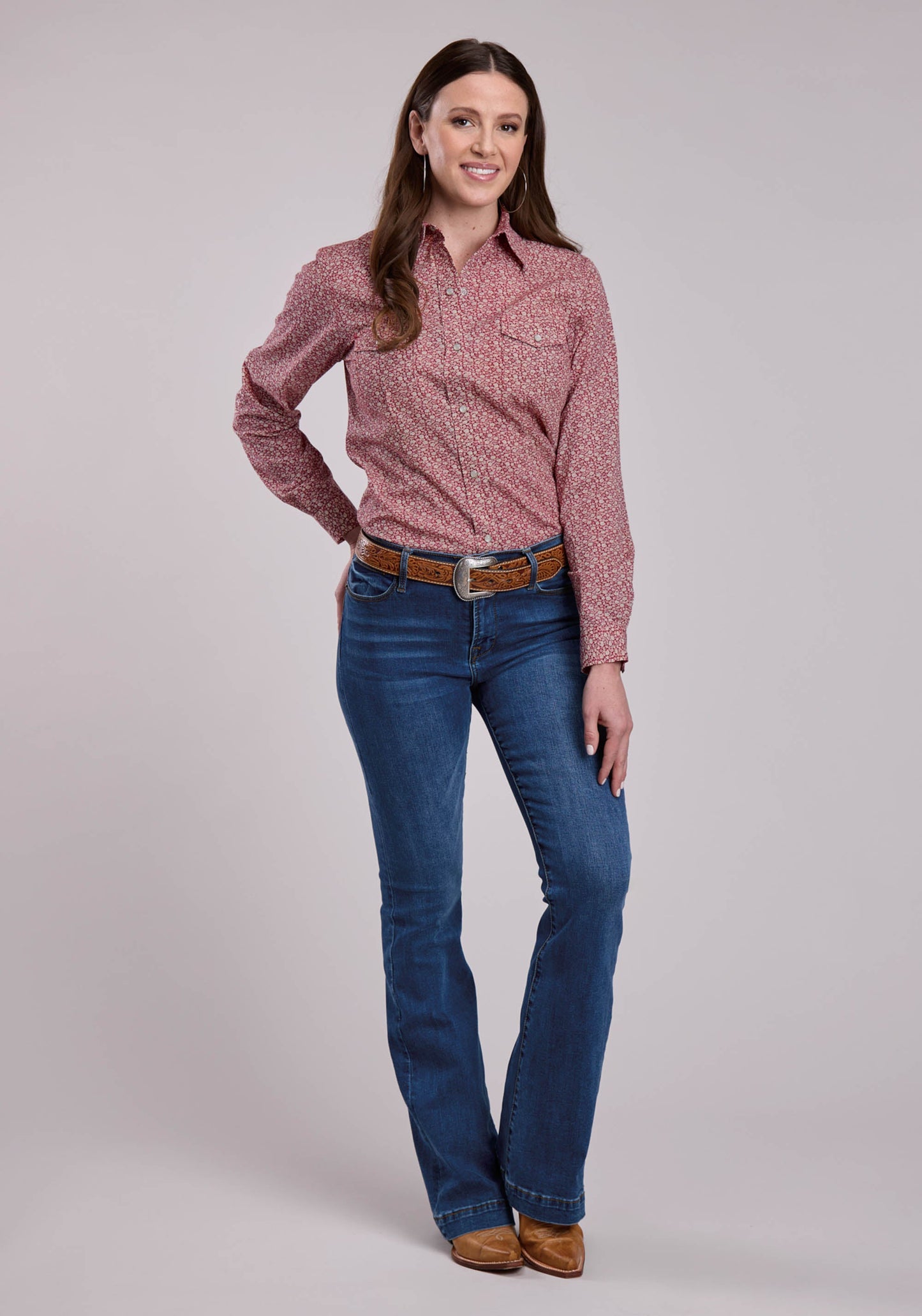 Womens Roper Red Floral Print Long Sleeve Snap Shirt