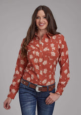 Roper Womens Orange And Cream Floral Long Sleeve Snap Western Shirt - Roper - Flyclothing LLC