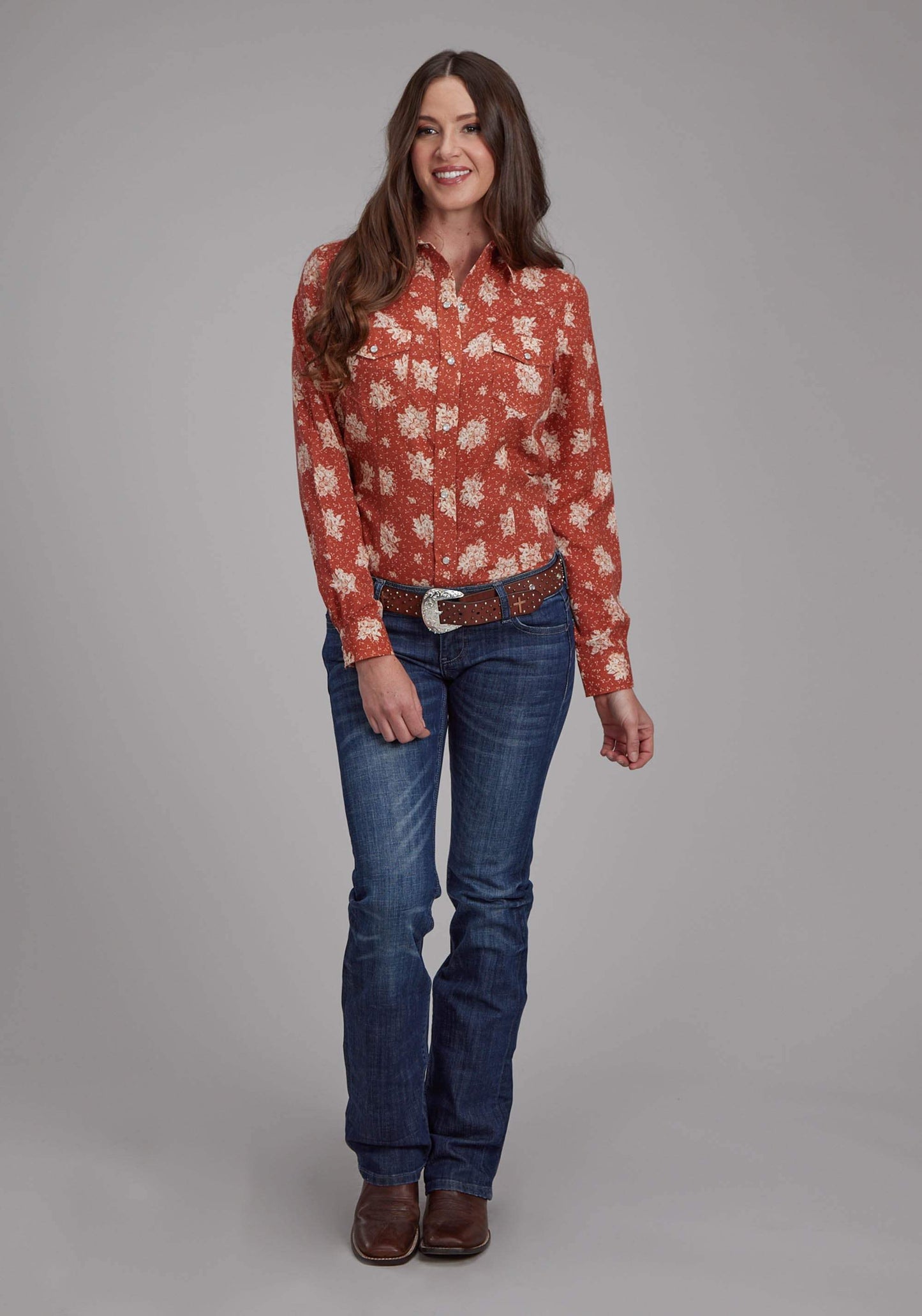 Roper Womens Orange And Cream Floral Long Sleeve Snap Western Shirt - Roper - Flyclothing LLC