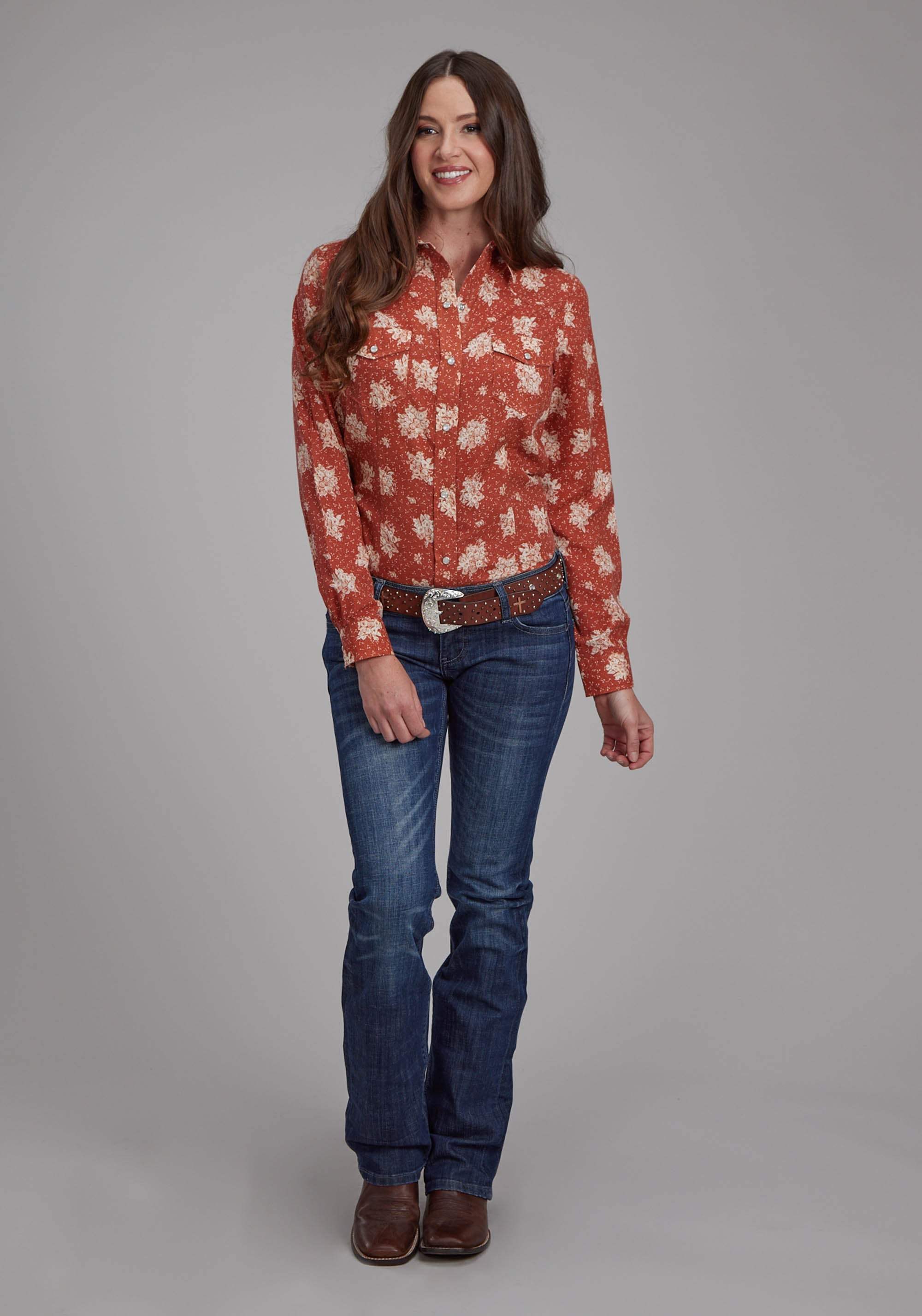 Roper Womens Orange And Cream Floral Long Sleeve Snap Western Shirt - Roper - Flyclothing LLC