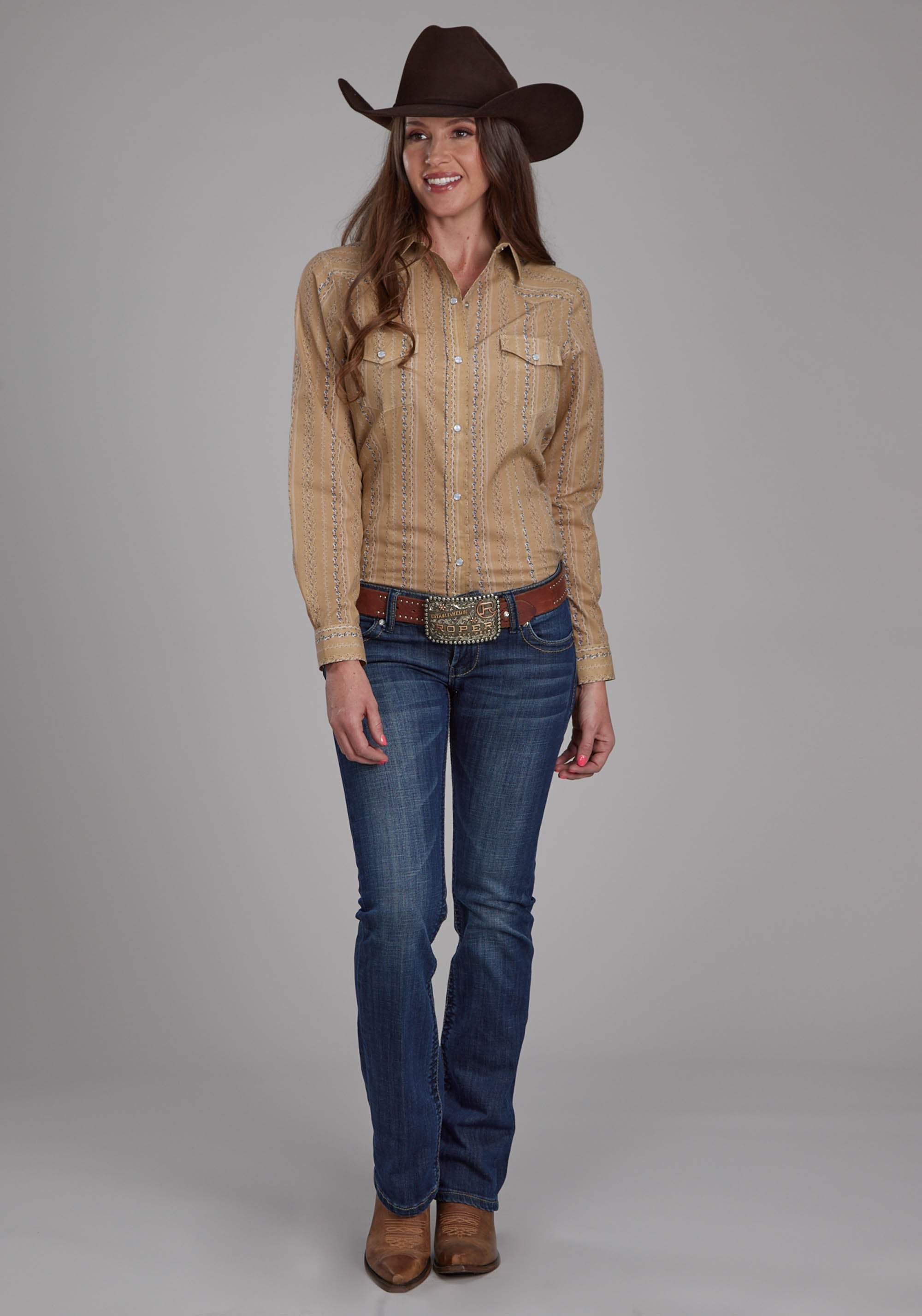 Roper Womens Tan And Navy Wallpaper Long Sleeve Snap Western Shirt - Roper - Flyclothing LLC