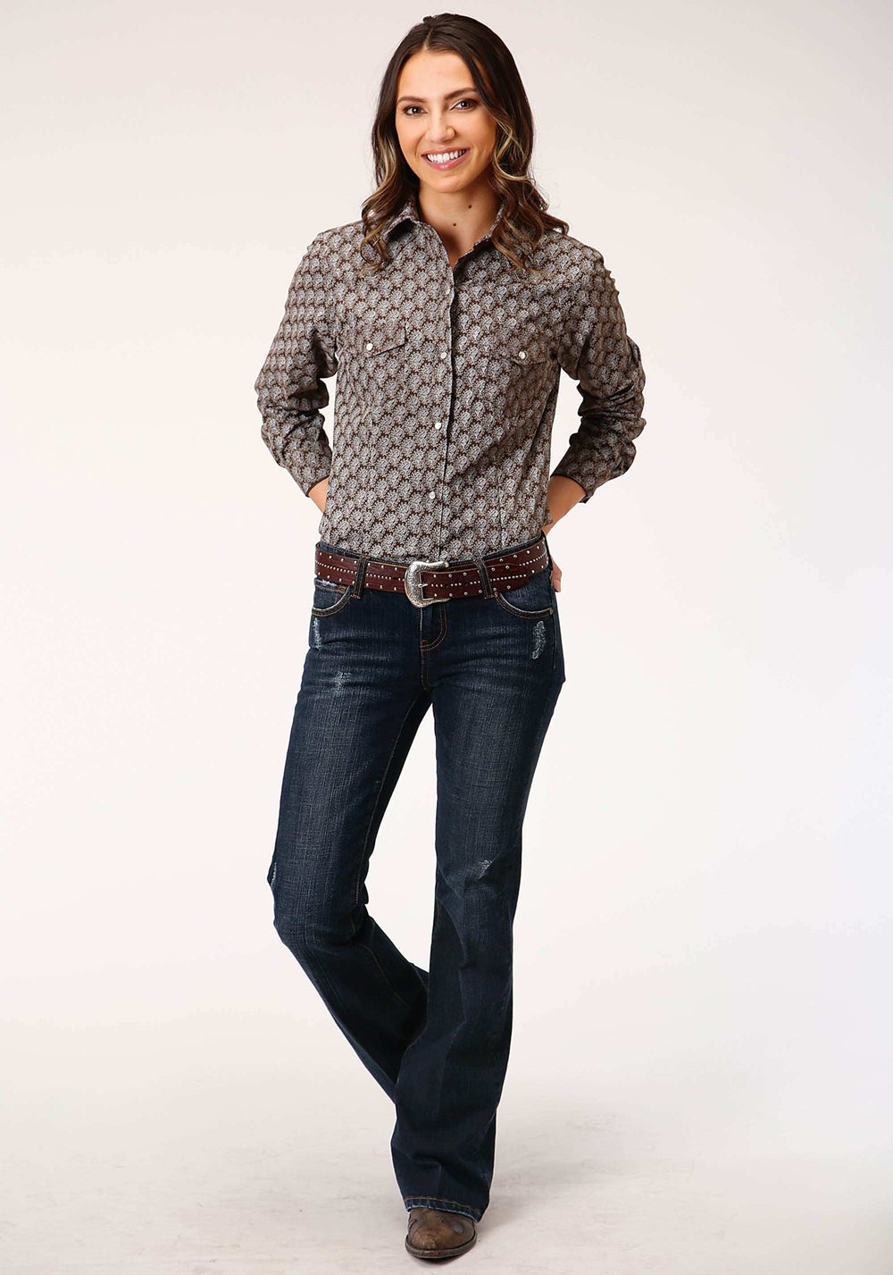 Roper Womens Long Sleeve Snap Chocolate And Cream Tear Drop Print Western Shirt - Roper - Flyclothing LLC