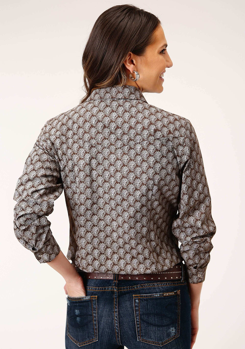 Roper Womens Long Sleeve Snap Chocolate And Cream Tear Drop Print Western Shirt - Roper - Flyclothing LLC