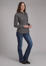 Roper Womens Black And Cream Floral Print Long Sleeve Snap Western Shirt