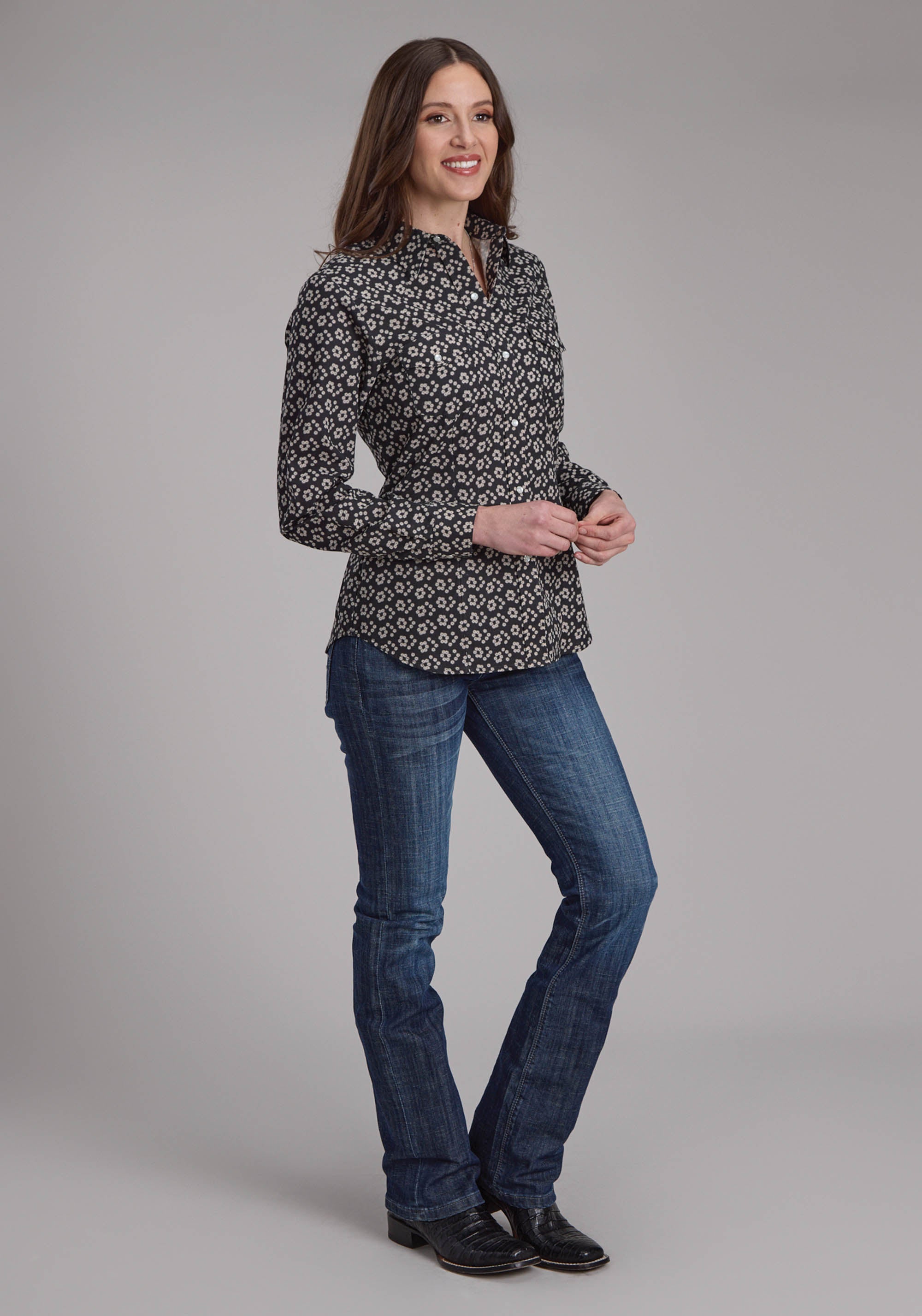 Roper Womens Black And Cream Floral Print Long Sleeve Snap Western Shirt