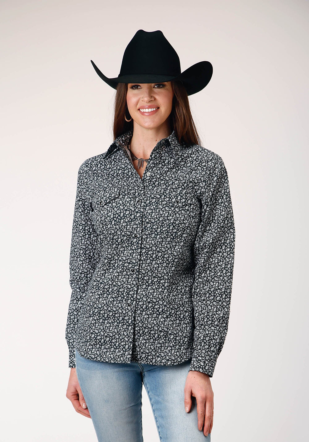 Roper Womens Long Sleeve Snap Black White Floral Print Western Shirt - Roper