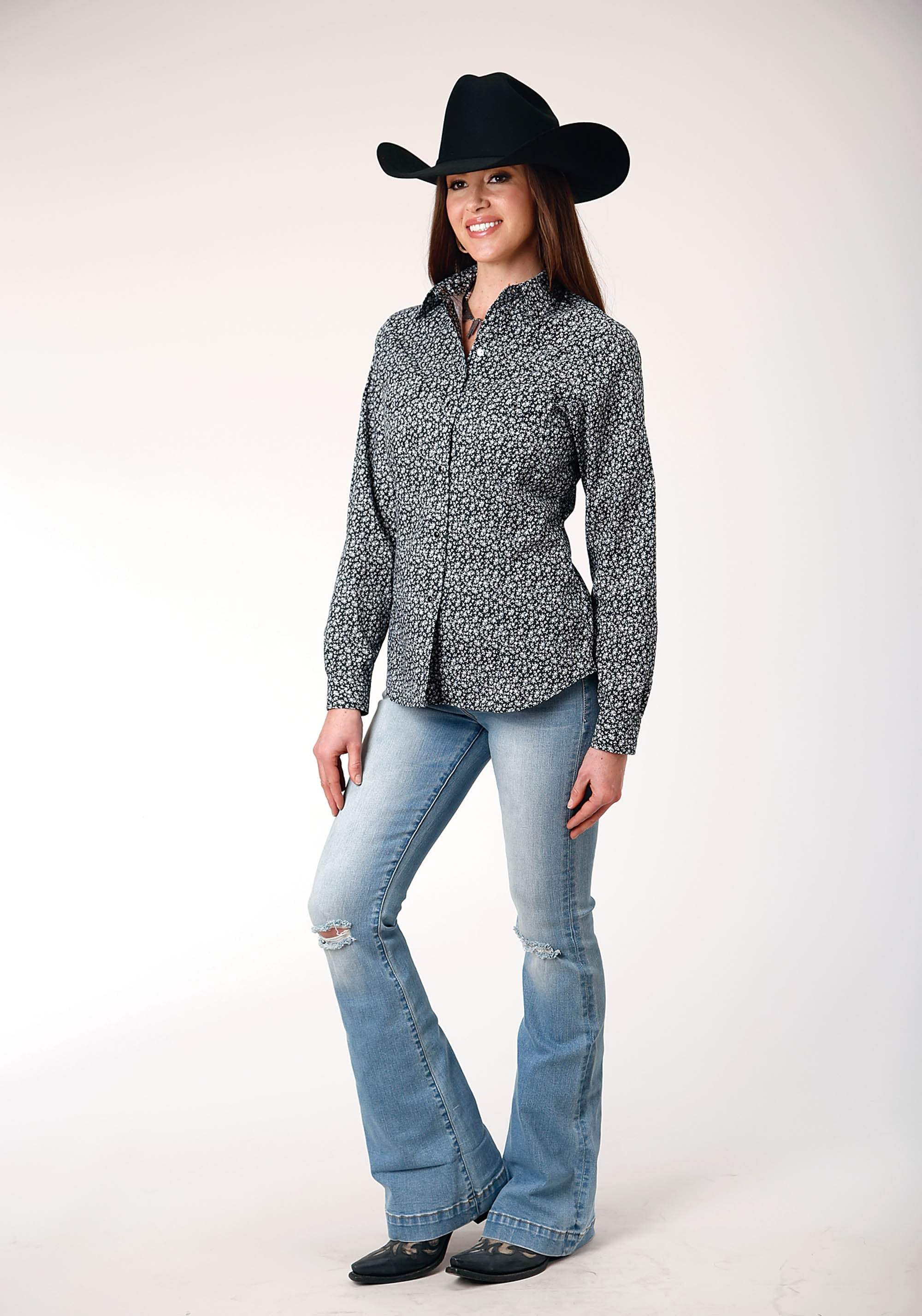 Roper Womens Long Sleeve Snap Black White Floral Print Western Shirt - Roper - Flyclothing LLC