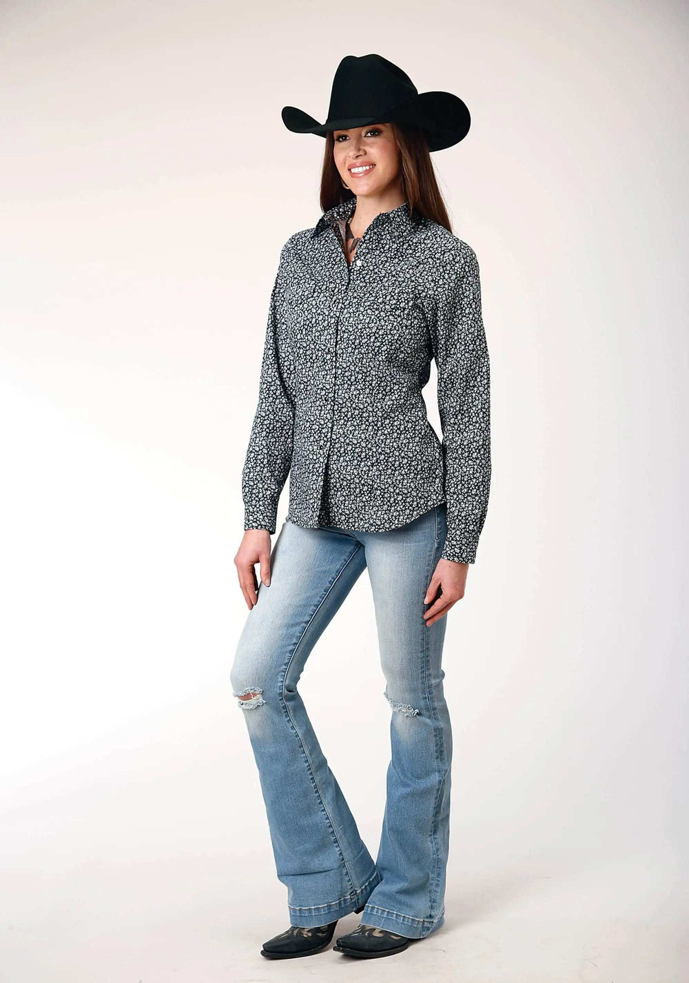 Roper Womens Long Sleeve Snap Black White Floral Print Western Shirt - Roper - Flyclothing LLC