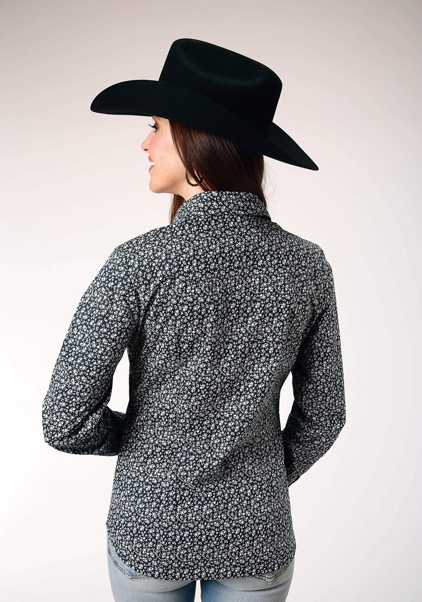 Roper Womens Long Sleeve Snap Black White Floral Print Western Shirt - Roper - Flyclothing LLC