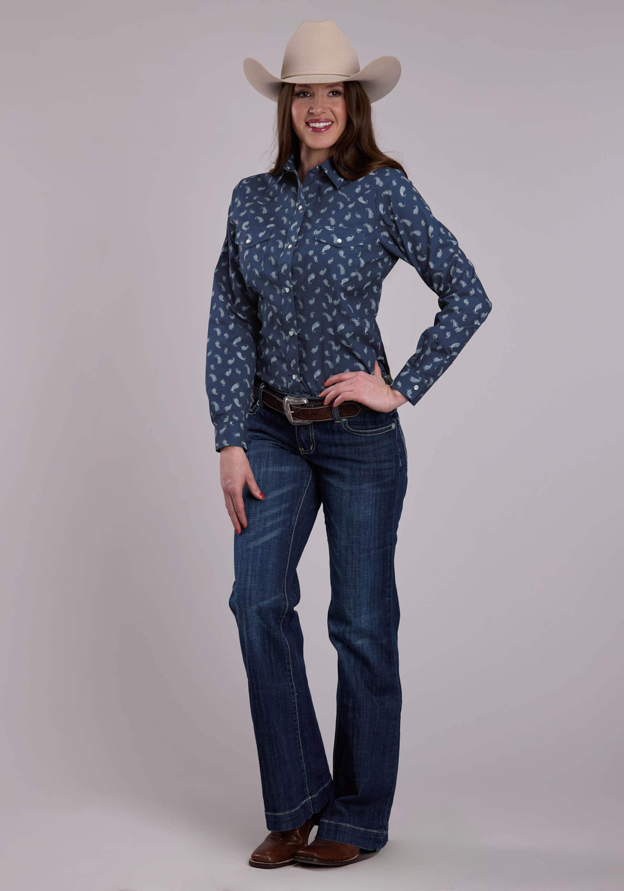 Roper Womens Long Sleeve Snap Blue Paisley Western Shirt - Roper - Flyclothing LLC