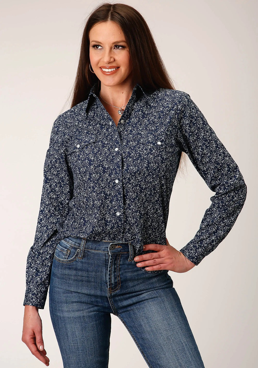 Roper Womens Long Sleeve Snap Navy And White Floral Print Western Shirt - Roper