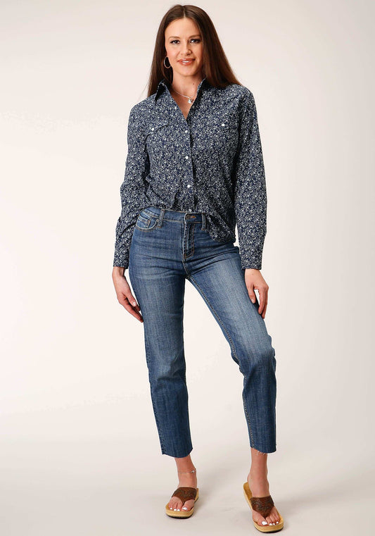 Roper Womens Long Sleeve Snap Navy And White Floral Print Western Shirt - Roper - Flyclothing LLC