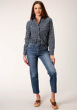 Roper Womens Long Sleeve Snap Navy And White Floral Print Western Shirt - Roper