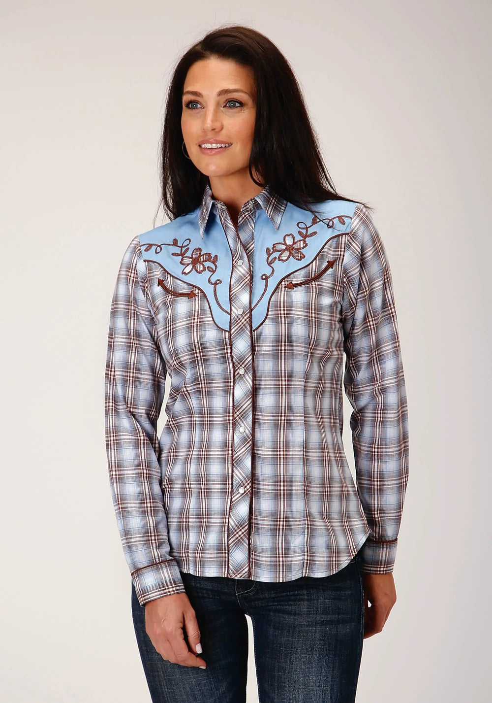 Roper Womens Long Sleeve Snap Light Blue Chocolate White Plaid Western Shirt - Roper