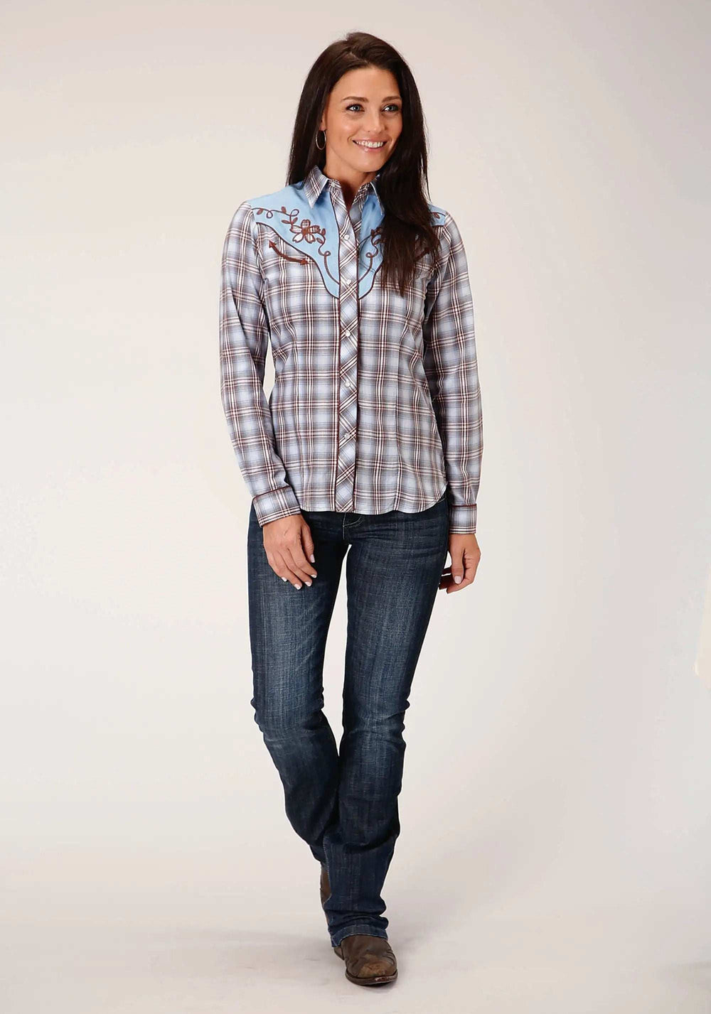 Roper Womens Long Sleeve Snap Light Blue Chocolate White Plaid Western Shirt - Roper - Flyclothing LLC