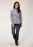 Roper Womens Long Sleeve Snap Light Blue Chocolate White Plaid Western Shirt - Roper