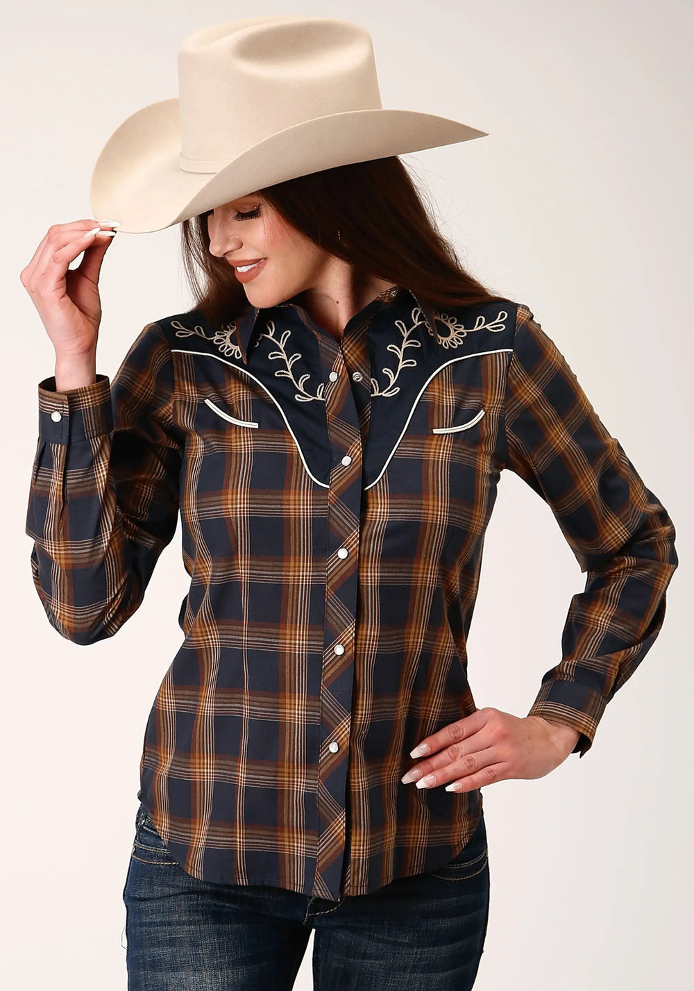 Roper Womens Long Sleeve Snap Navy And Brown Plaid Western Shirt - Roper