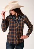 Roper Womens Long Sleeve Snap Navy And Brown Plaid Western Shirt - Roper