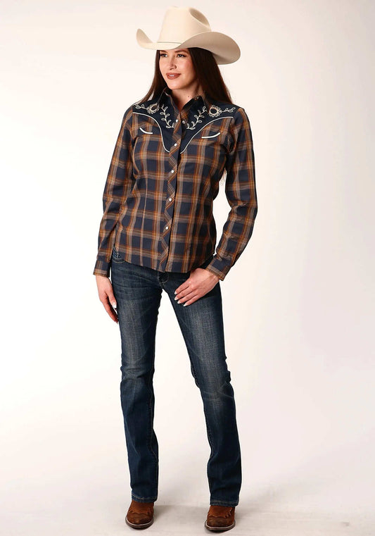 Roper Womens Long Sleeve Snap Navy And Brown Plaid Western Shirt - Roper - Flyclothing LLC