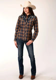 Roper Womens Long Sleeve Snap Navy And Brown Plaid Western Shirt - Roper