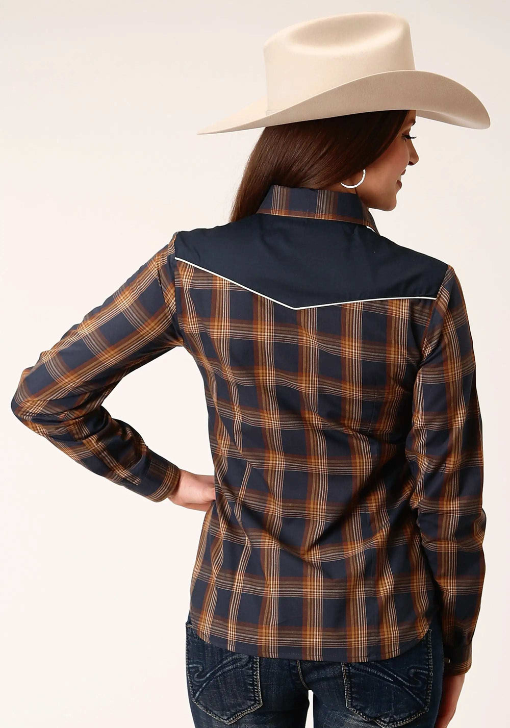 Roper Womens Long Sleeve Snap Navy And Brown Plaid Western Shirt - Roper - Flyclothing LLC
