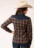 Roper Womens Long Sleeve Snap Navy And Brown Plaid Western Shirt - Roper
