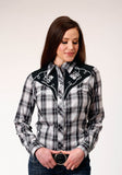 Roper Womens Long Sleeve Snap Black Aqua Grey Plaid Western Shirt With Piping And Applique On Yokes - Roper