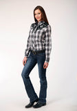 Roper Womens Long Sleeve Snap Black Aqua Grey Plaid Western Shirt With Piping And Applique On Yokes - Roper
