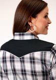 Roper Womens Long Sleeve Snap Black Aqua Grey Plaid Western Shirt With Piping And Applique On Yokes - Roper