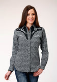 Roper Womens Long Sleeve Snap Black White Floral Print Western Shirt With Piping And Applique On Yokes - Roper