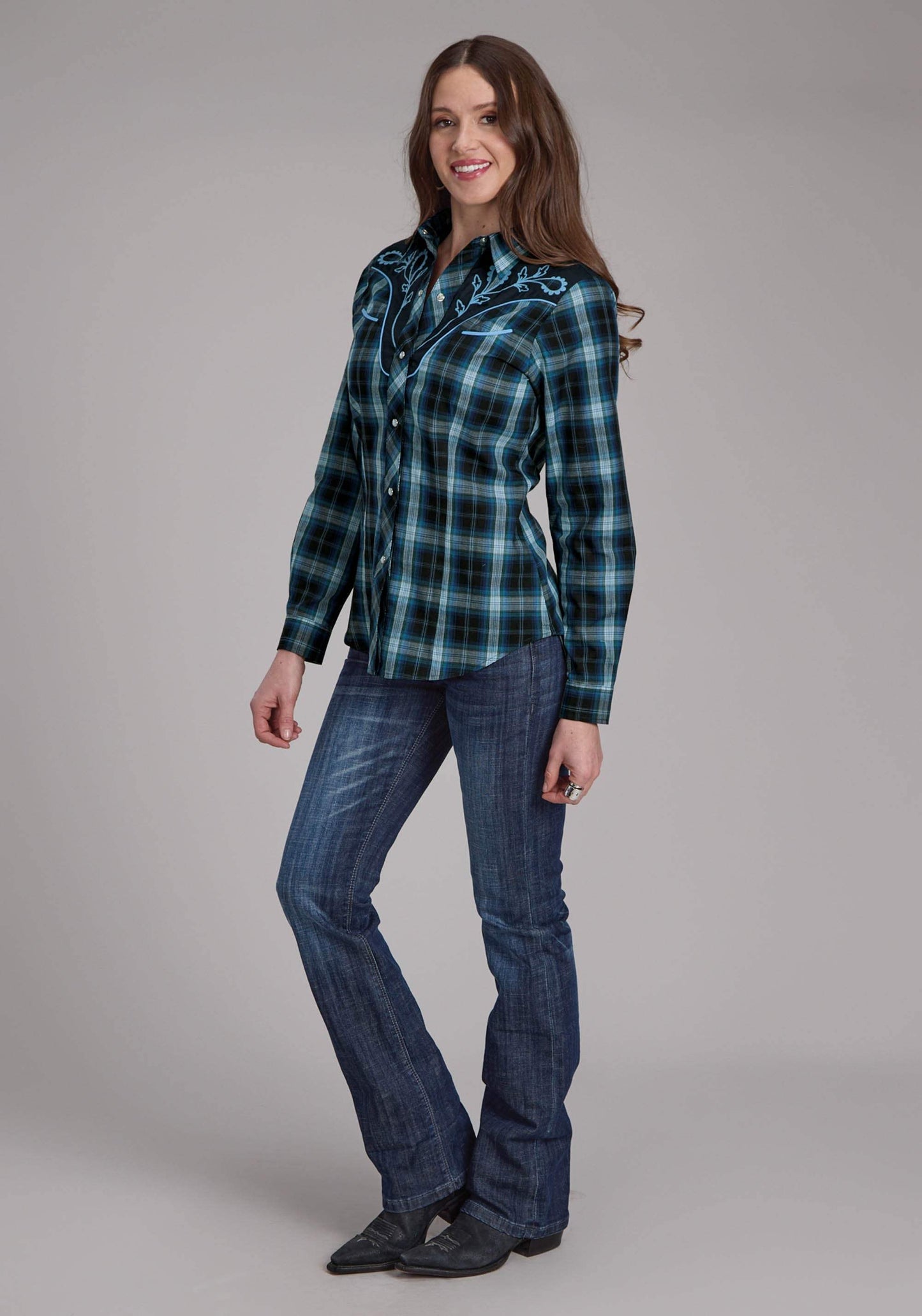 Roper Womens Mulit Blue Windowpane Plaid Long Sleeve Snap Western Shirt - Roper - Flyclothing LLC
