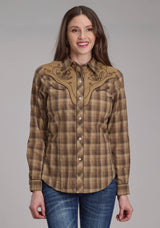 Roper Womens Brown And Tan Ombre Plaid Long Sleeve Snap Western Shirt