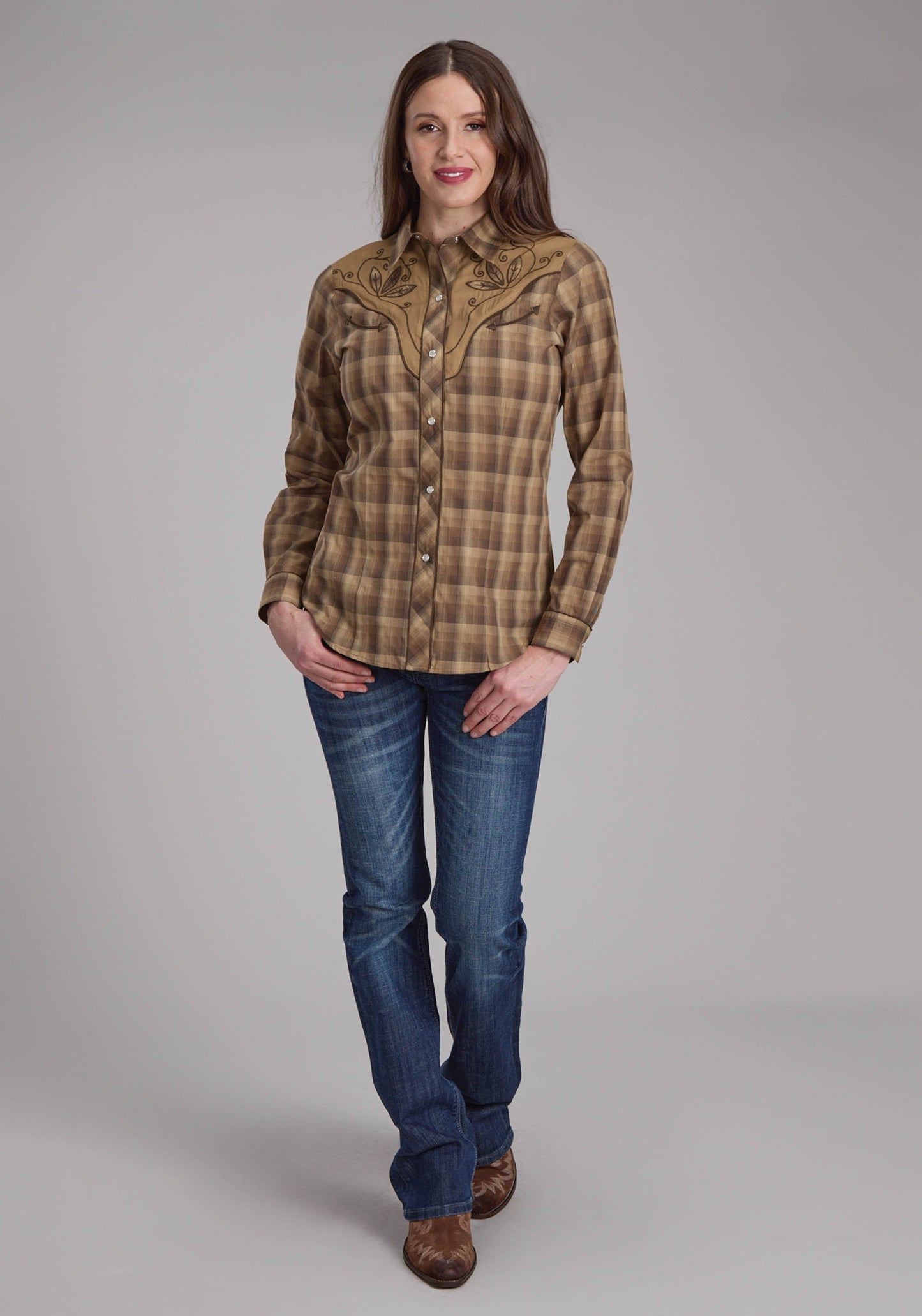 Roper Womens Brown And Tan Ombre Plaid Long Sleeve Snap Western Shirt