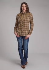 Roper Womens Brown And Tan Ombre Plaid Long Sleeve Snap Western Shirt