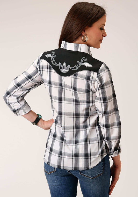 Roper Womens Long Sleeve Snap White Black Grey Plaid Western Shirt With Piping Contrast Yokes And Applique - Roper - Flyclothing LLC