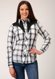 Roper Womens Long Sleeve Snap White Black Grey Plaid Western Shirt With Piping Contrast Yokes And Applique - Roper
