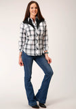 Roper Womens Long Sleeve Snap White Black Grey Plaid Western Shirt With Piping Contrast Yokes And Applique - Roper