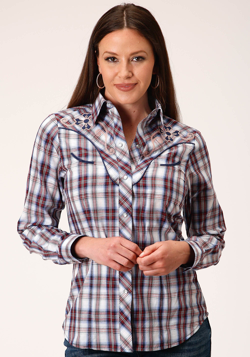Roper Womens Long Sleeve Snap Wine  Navy  And White Plaid Western Shirt - Roper