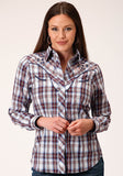 Roper Womens Long Sleeve Snap Wine  Navy  And White Plaid Western Shirt - Roper