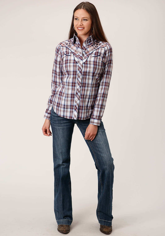 Roper Womens Long Sleeve Snap Wine Navy And White Plaid Western Shirt - Roper - Flyclothing LLC