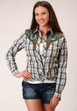 Roper Womens Long Sleeve Snap Brown  Blue  And White Plaid Western Shirt - Roper