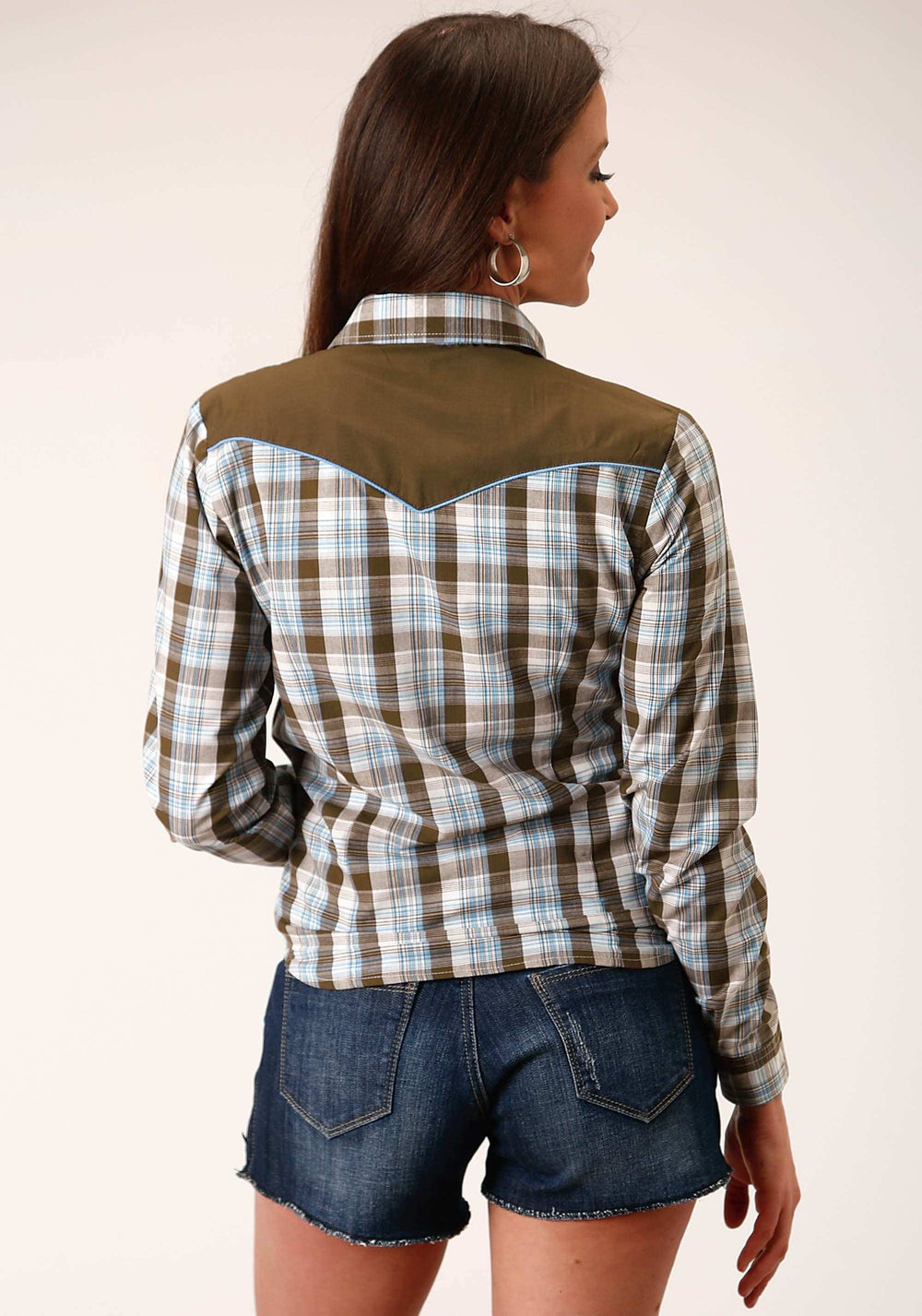 Roper Womens Long Sleeve Snap Brown Blue And White Plaid Western Shirt - Roper - Flyclothing LLC