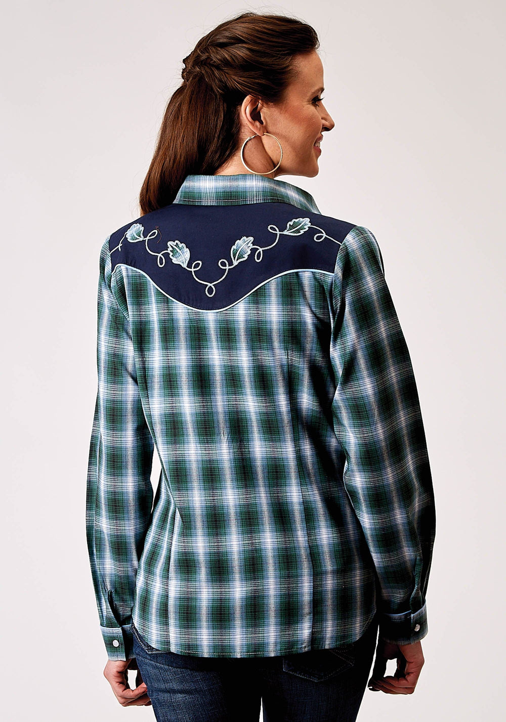Roper Womens Long Sleeve Snap Ocean Plaid Western Shirt With Fancy Curved Yokes Applique On Back Yoke - Roper