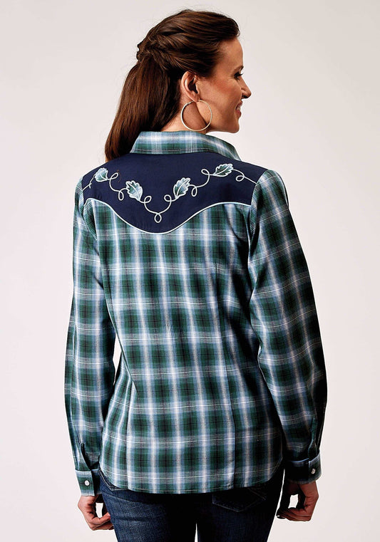 Roper Womens Long Sleeve Snap Ocean Plaid Western Shirt With Fancy Curved Yokes Applique On Back Yoke - Roper - Flyclothing LLC