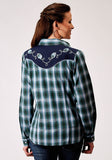 Roper Womens Long Sleeve Snap Ocean Plaid Western Shirt With Fancy Curved Yokes Applique On Back Yoke - Roper