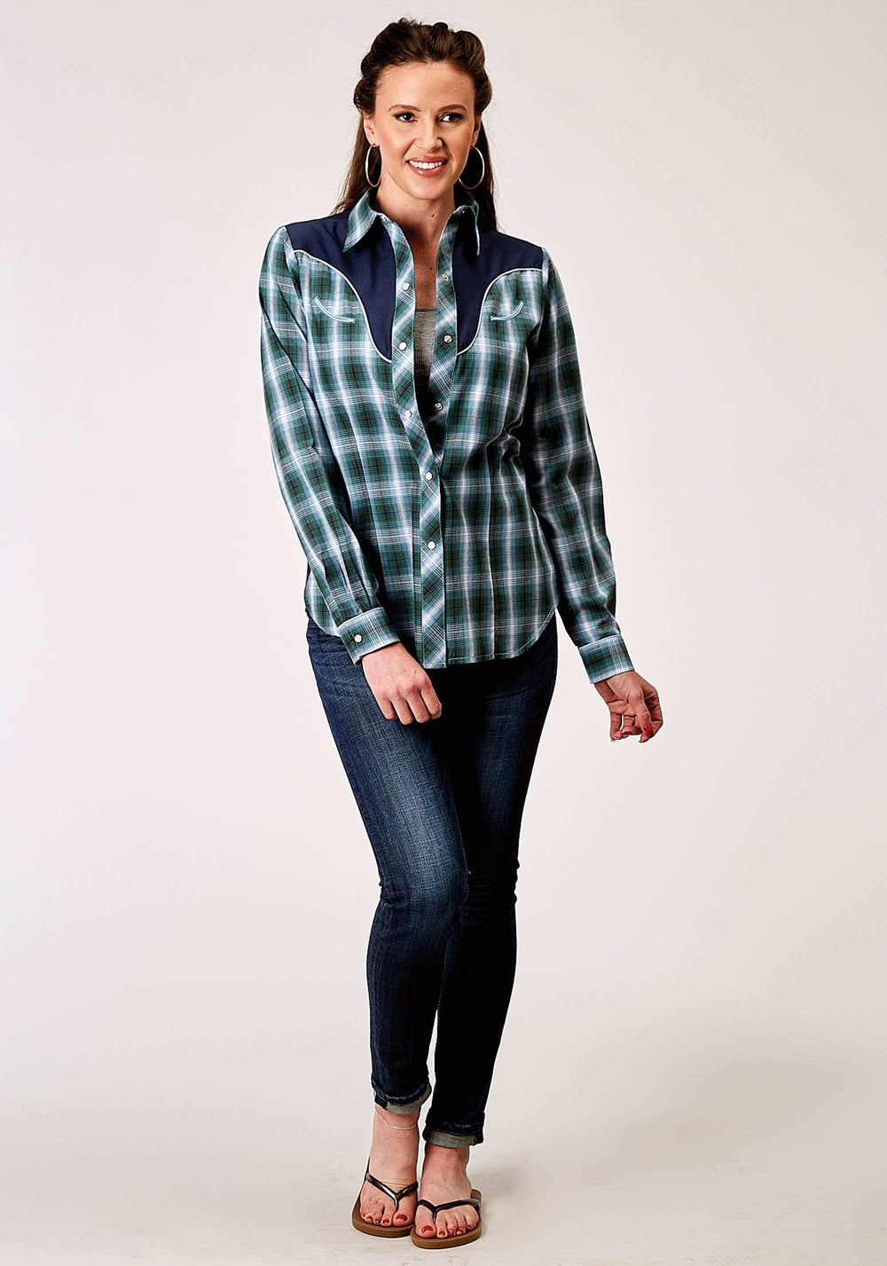 Roper Womens Long Sleeve Snap Ocean Plaid Western Shirt With Fancy Curved Yokes Applique On Back Yoke - Roper - Flyclothing LLC