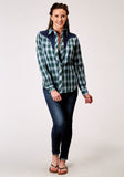Roper Womens Long Sleeve Snap Ocean Plaid Western Shirt With Fancy Curved Yokes Applique On Back Yoke - Roper