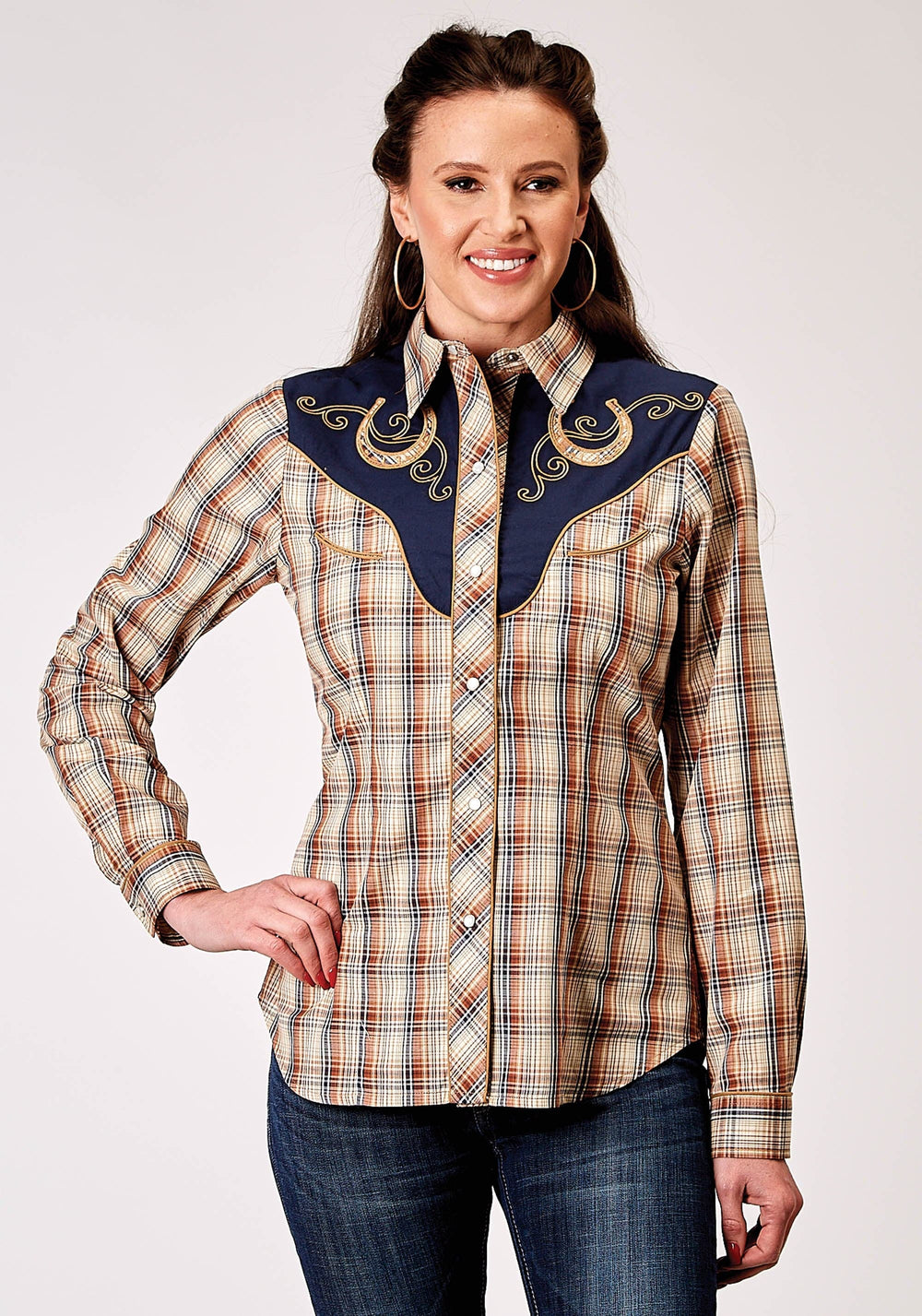 Roper Womens Long Sleeve Snap Brown Plaid Western Shirt With Fancy Curved Yokes Applique On Front Yoke - Roper